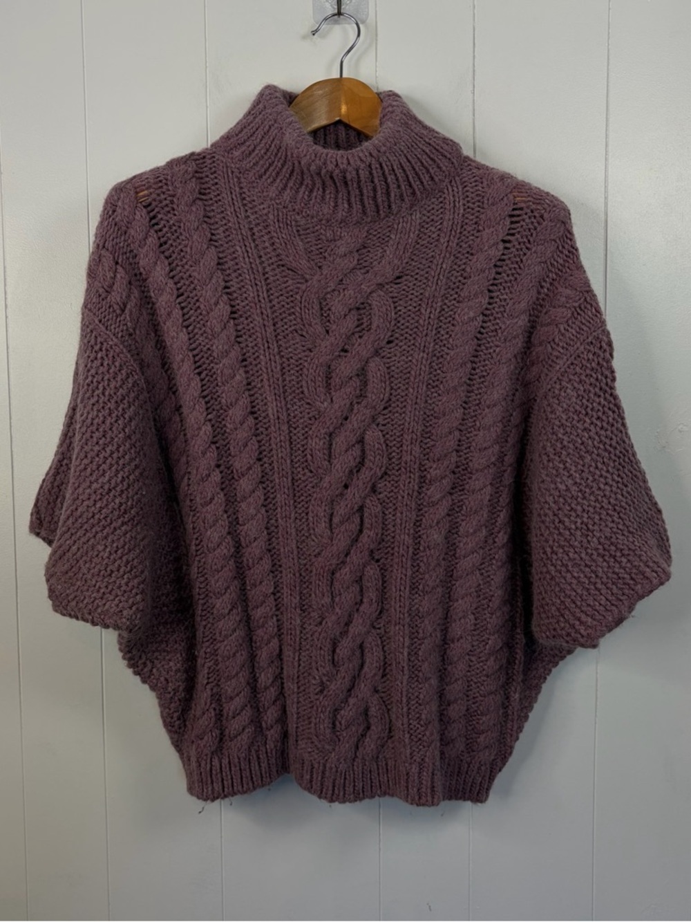Elsamanda Italian Alpaca Wool Cable Knit Poncho Sweater Mock Neck Purple Medium